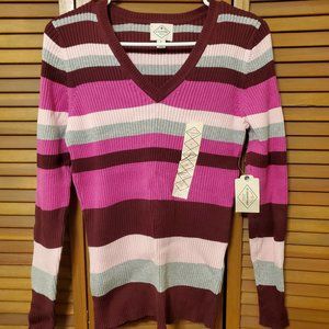 Striped gray and berry colored sweater